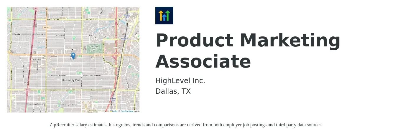 HighLevel Inc. job posting for a Product Marketing Associate in Dallas, TX with a salary of $41,600 to $57,400 Yearly with a map of Dallas location.