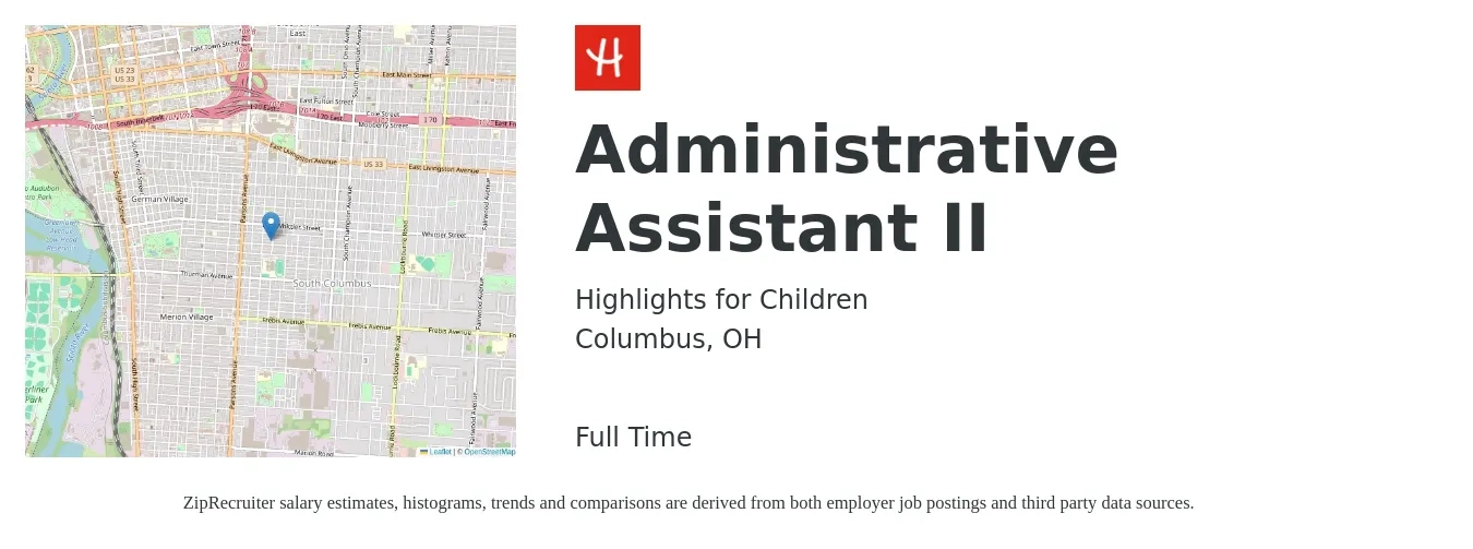 Highlights for Children job posting for a Administrative Assistant II in Columbus, OH with a salary of $18 to $24 Hourly with a map of Columbus location.