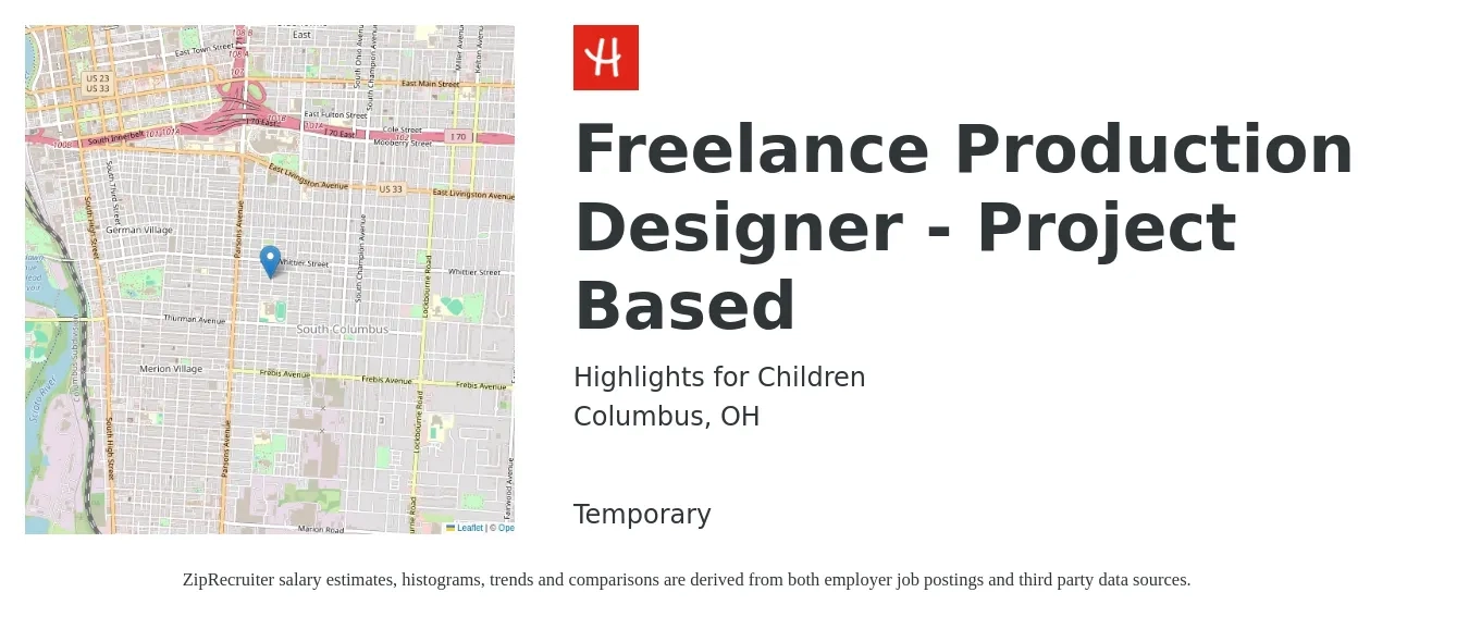 Highlights for Children job posting for a Freelance Production Designer - Project Based in Columbus, OH with a salary of $24 to $62 Hourly with a map of Columbus location.