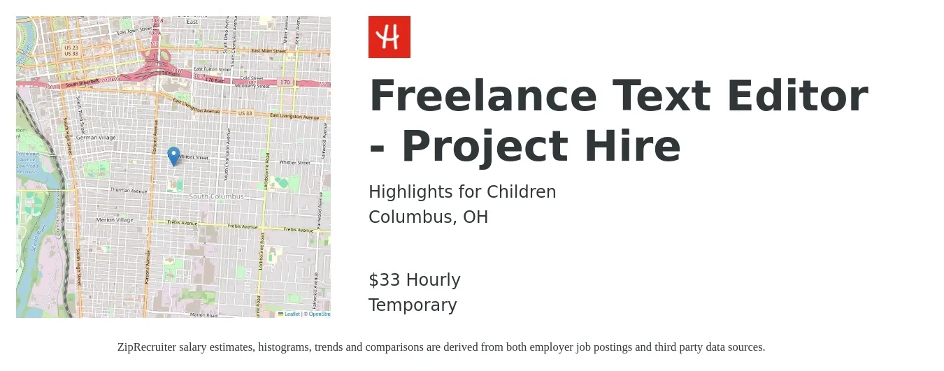 Highlights for Children job posting for a Freelance Text Editor - Project Hire in Columbus, OH with a salary of $35 Hourly with a map of Columbus location.