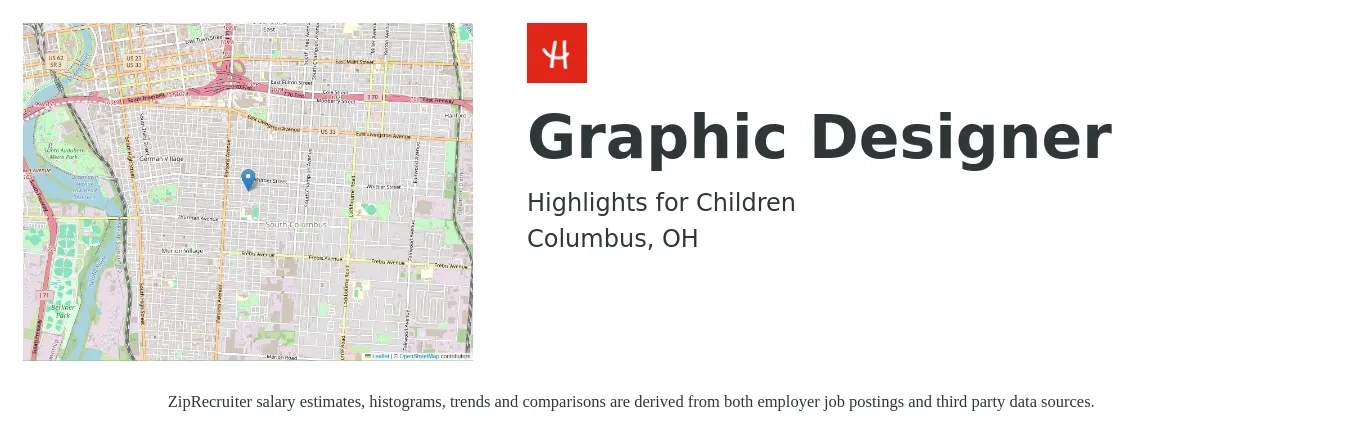 Highlights for Children job posting for a Graphic Designer in Columbus, OH with a salary of $20 to $32 Hourly with a map of Columbus location.