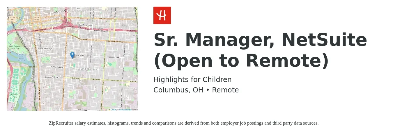 Highlights for Children job posting for a Sr. Manager, NetSuite (Open to Remote) in Columbus, OH with a salary of $56 to $68 Hourly with a map of Columbus location.