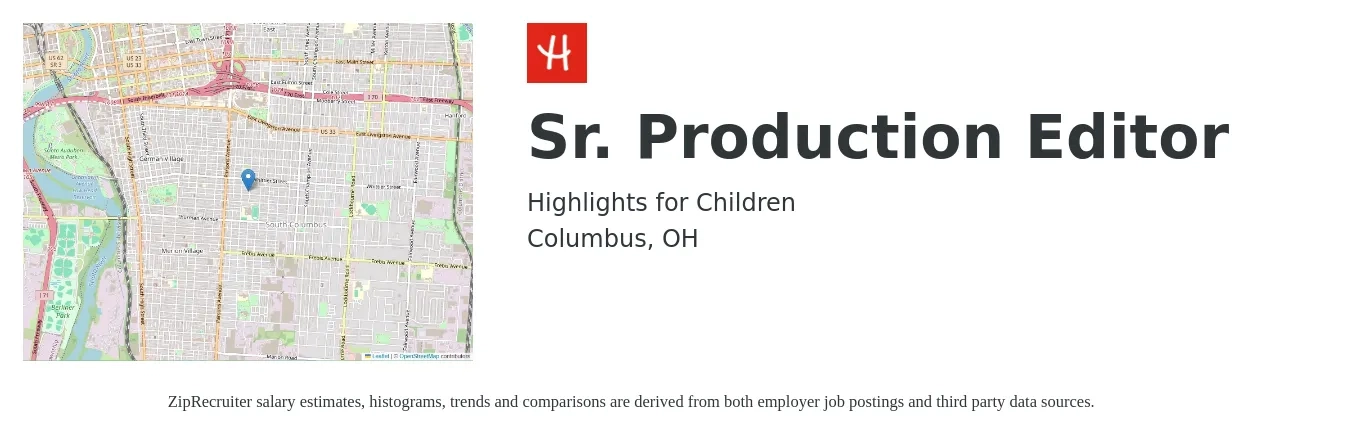 Highlights for Children job posting for a Sr. Production Editor in Columbus, OH with a salary of $19 to $32 Hourly with a map of Columbus location.