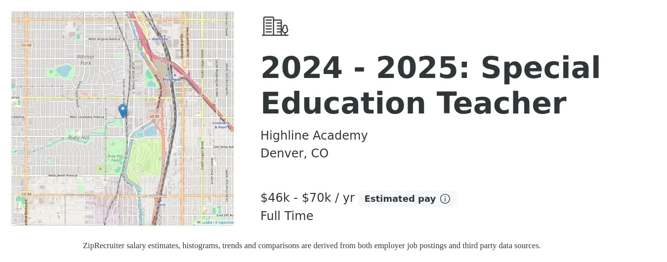 Highline Academy job posting for a 2024 - 2025: Special Education Teacher in Denver, CO with a salary of $46,000 to $70,000 Yearly with a map of Denver location.