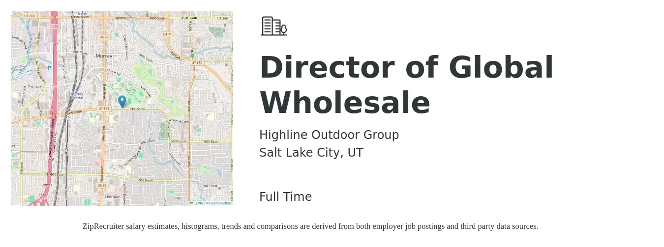 Highline Outdoor Group job posting for a Director of Global Wholesale in Salt Lake City, UT with a map of Salt Lake City location.