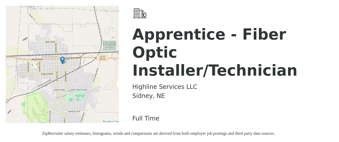 Highline Services LLC job posting for a Apprentice - Fiber Optic Installer/Technician in Sidney, NE with a salary of $23 to $34 Hourly with a map of Sidney location.