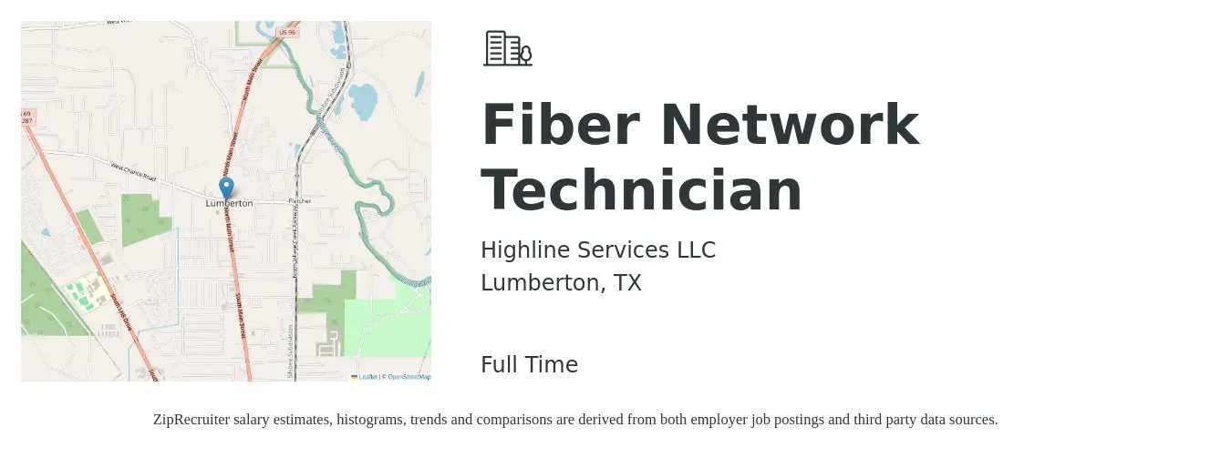 Highline Services LLC job posting for a Fiber Network Technician in Lumberton, TX with a salary of $20 to $30 Hourly with a map of Lumberton location.