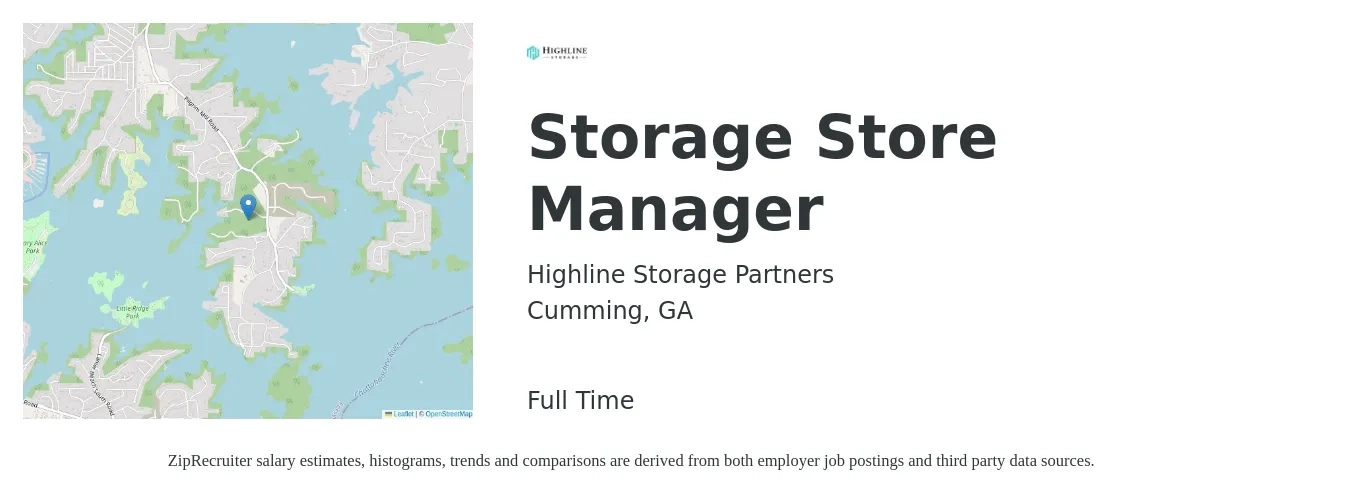 Highline Storage Partners job posting for a Storage Store Manager in Cumming, GA with a salary of $17 to $18 Hourly with a map of Cumming location.