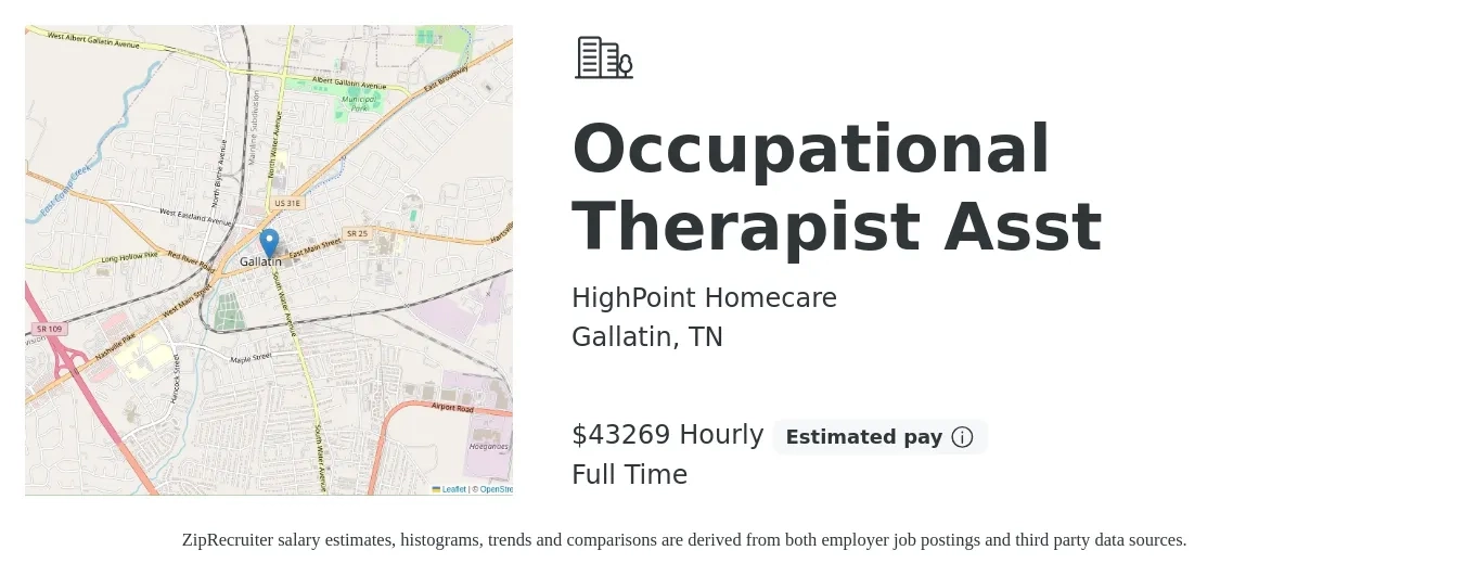 HighPoint Homecare job posting for a Occupational Therapist Asst in Gallatin, TN with a salary of $24 to $33 Hourly with a map of Gallatin location.