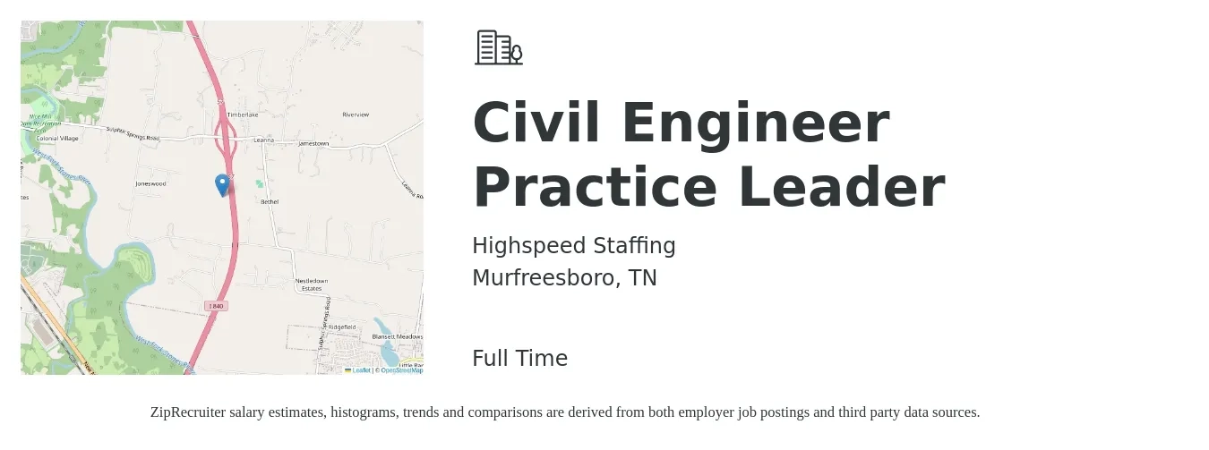 Highspeed Staffing job posting for a Civil Engineer Practice Leader in Murfreesboro, TN with a salary of $59,600 to $86,900 Yearly with a map of Murfreesboro location.