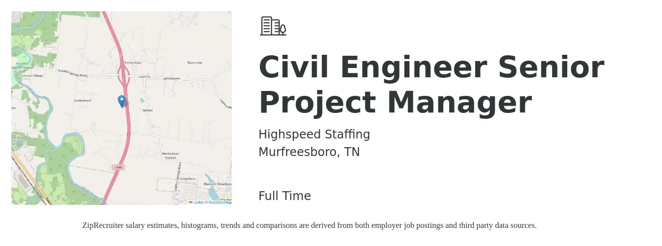 Highspeed Staffing job posting for a Civil Engineer Senior Project Manager in Murfreesboro, TN with a salary of $75,900 to $113,000 Yearly with a map of Murfreesboro location.