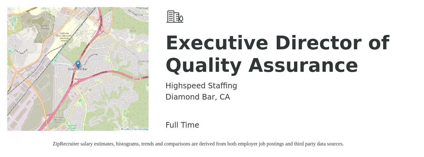 Highspeed Staffing job posting for a Executive Director of Quality Assurance in Diamond Bar, CA with a salary of $107,600 to $176,500 Yearly with a map of Diamond Bar location.