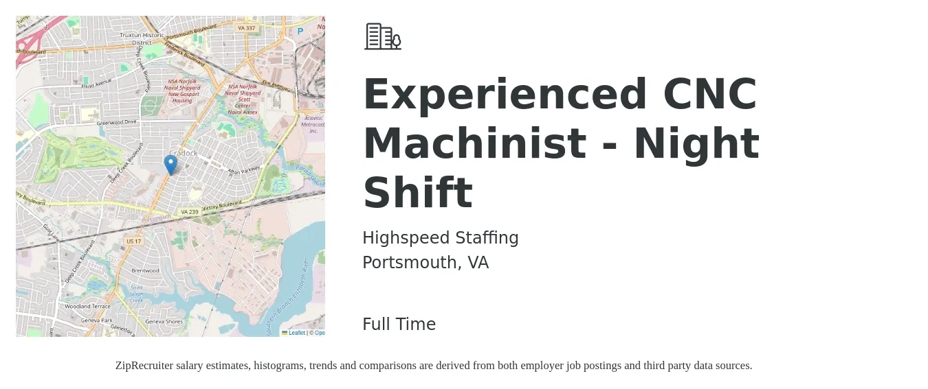 Highspeed Staffing job posting for a Experienced CNC Machinist - Night Shift in Portsmouth, VA with a salary of $20 to $27 Hourly with a map of Portsmouth location.