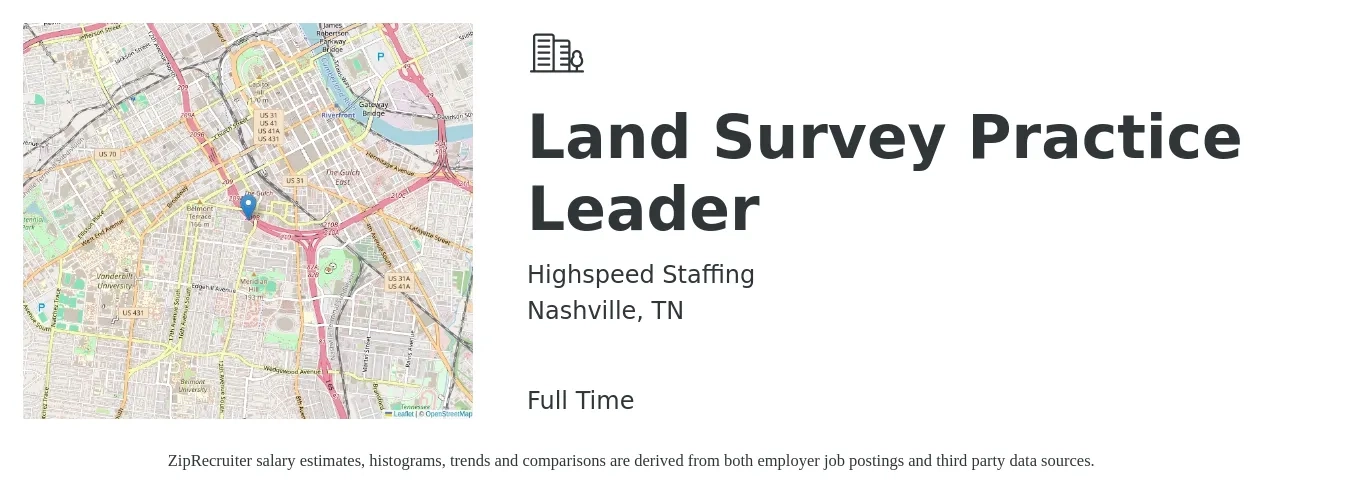 Highspeed Staffing job posting for a Land Survey Practice Leader in Nashville, TN with a salary of $18 to $30 Hourly with a map of Nashville location.