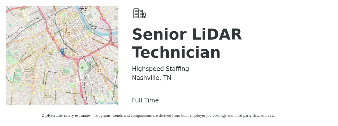 Highspeed Staffing job posting for a Senior LiDAR Technician in Nashville, TN with a salary of $21 to $34 Hourly with a map of Nashville location.