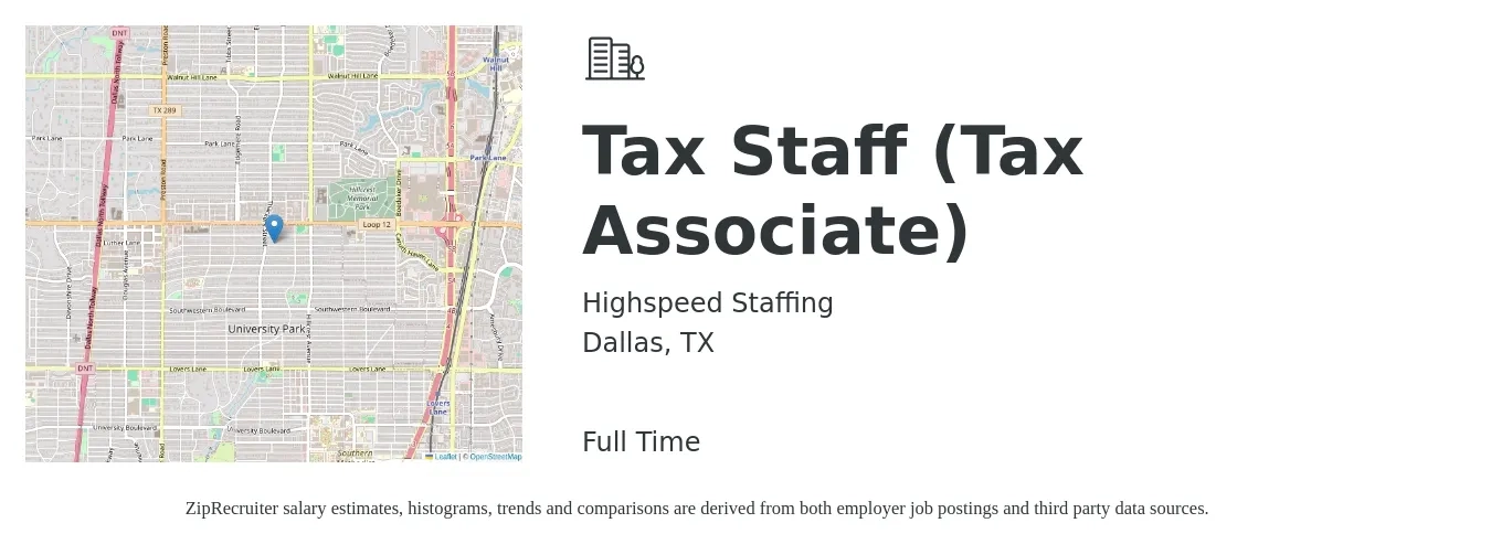 Highspeed Staffing job posting for a Tax Staff (Tax Associate) in Dallas, TX with a salary of $57,900 to $77,200 Yearly with a map of Dallas location.