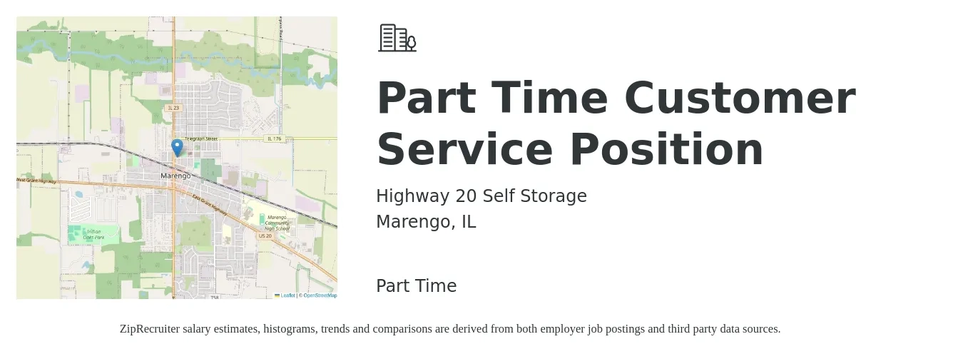 Highway 20 Self Storage job posting for a Part Time Customer Service Position in Marengo, IL with a salary of $16 to $22 Hourly with a map of Marengo location.