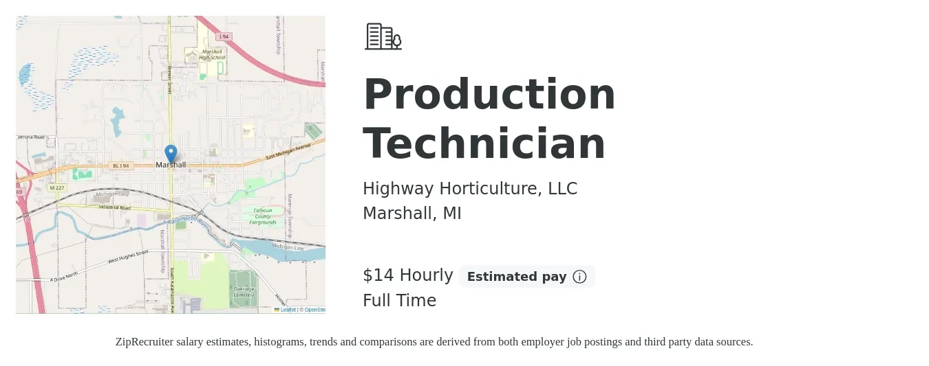 Highway Horticulture, LLC job posting for a Production Technician in Marshall, MI with a salary of $15 Hourly with a map of Marshall location.