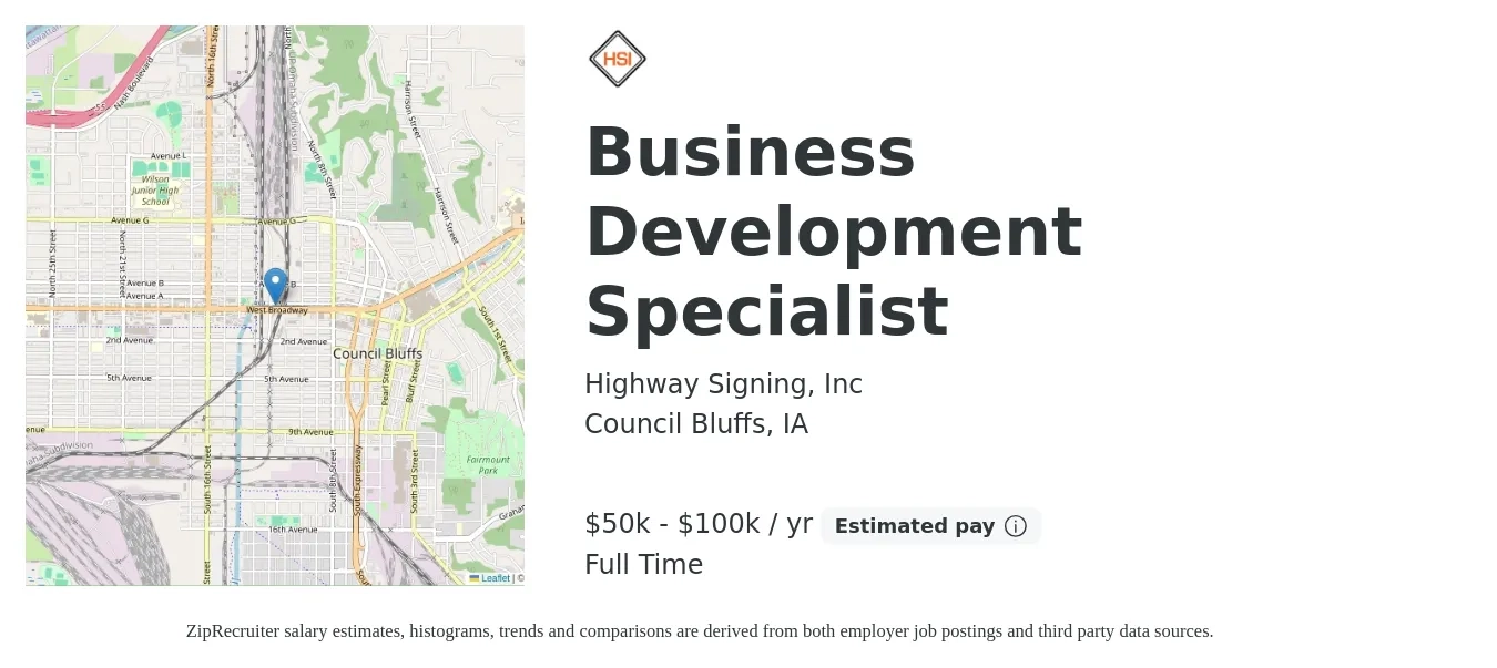 Highway Signing, Inc job posting for a Business Development Specialist in Council Bluffs, IA with a salary of $50,000 to $100,000 Yearly with a map of Council Bluffs location.