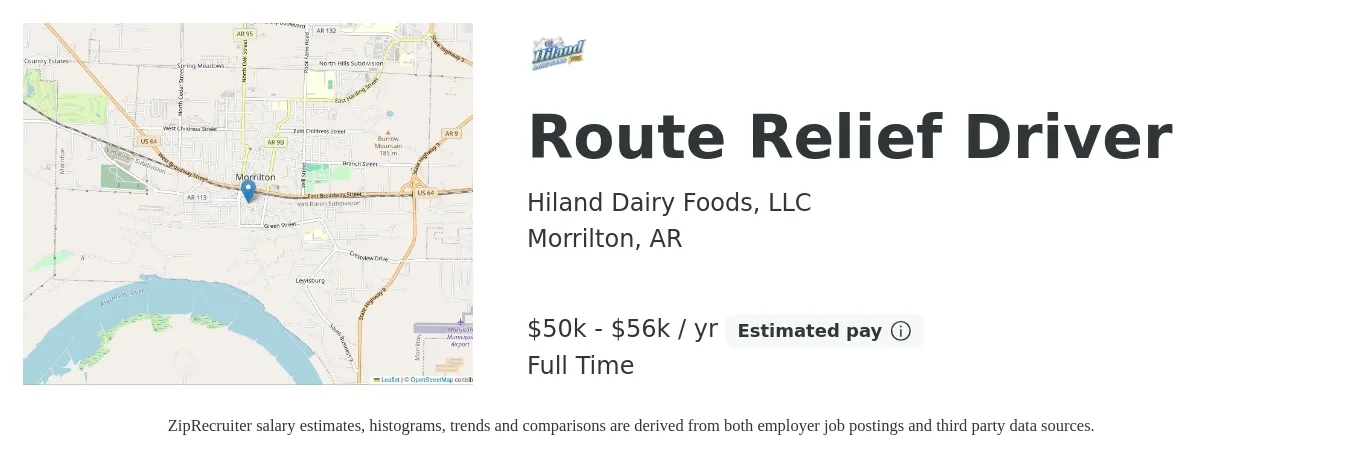 Hiland Dairy Foods, LLC job posting for a Route Relief Driver in Morrilton, AR with a salary of $50,000 to $56,000 Yearly with a map of Morrilton location.