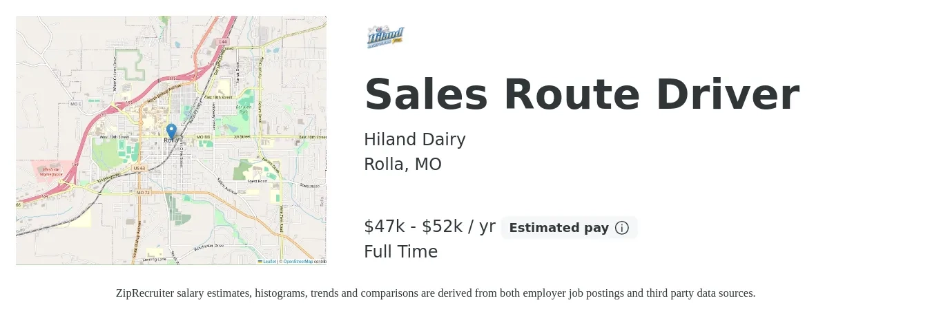 Hiland Dairy job posting for a Sales Route Driver in Rolla, MO with a salary of $47,840 to $52,000 Yearly with a map of Rolla location.