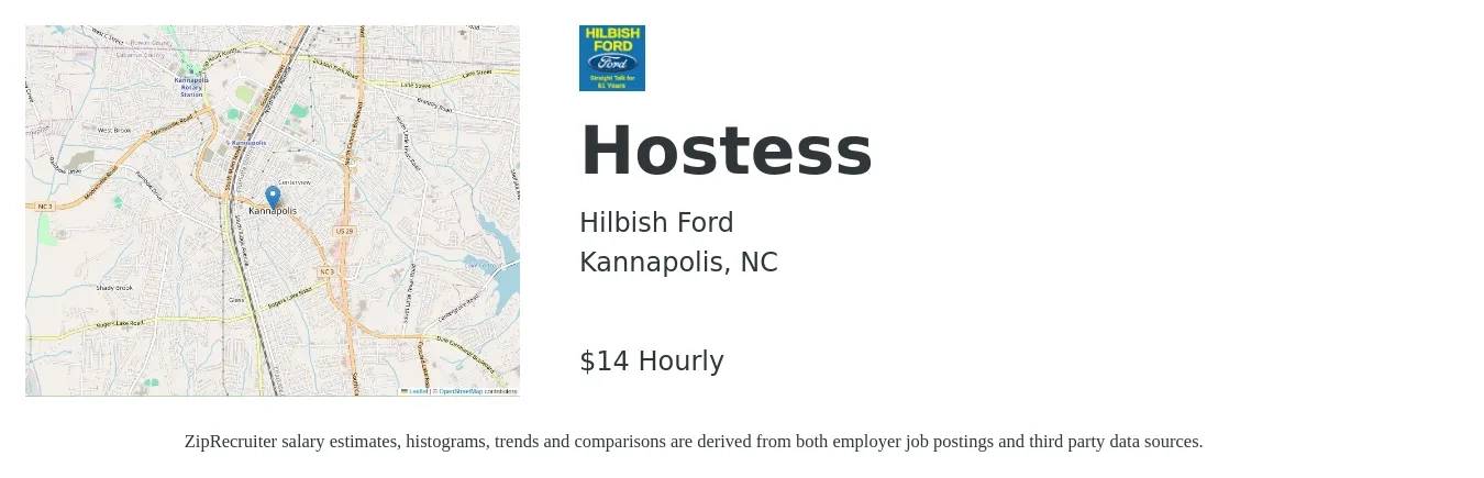 Hilbish Ford job posting for a Hostess in Kannapolis, NC with a salary of $15 Hourly with a map of Kannapolis location.