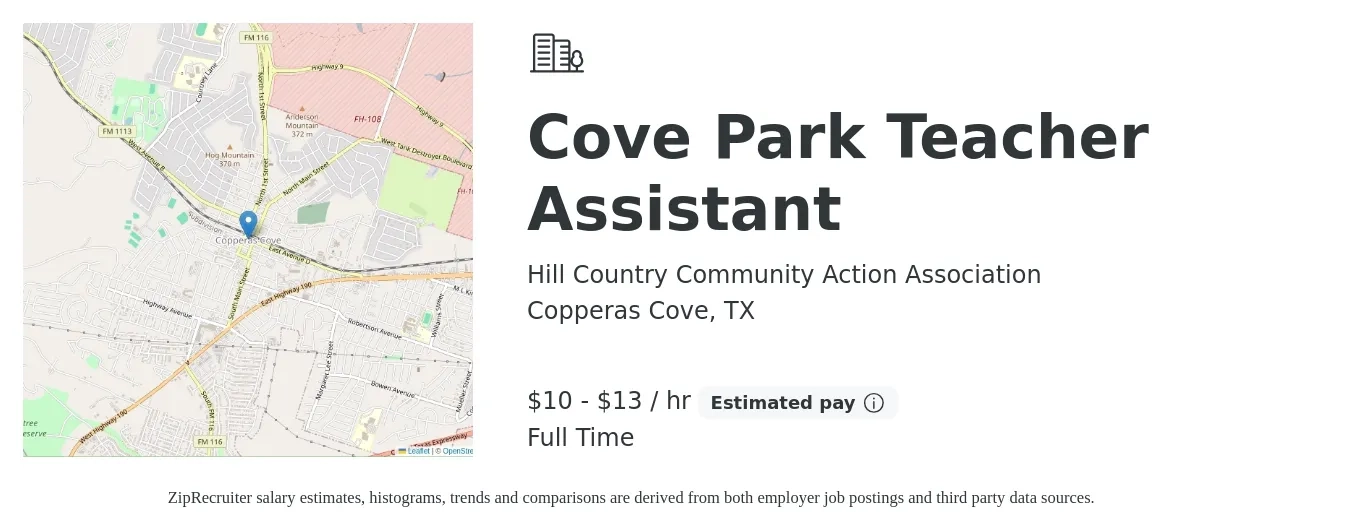 Hill Country Community Action Association job posting for a Cove Park Teacher Assistant in Copperas Cove, TX with a salary of $11 to $14 Hourly with a map of Copperas Cove location.