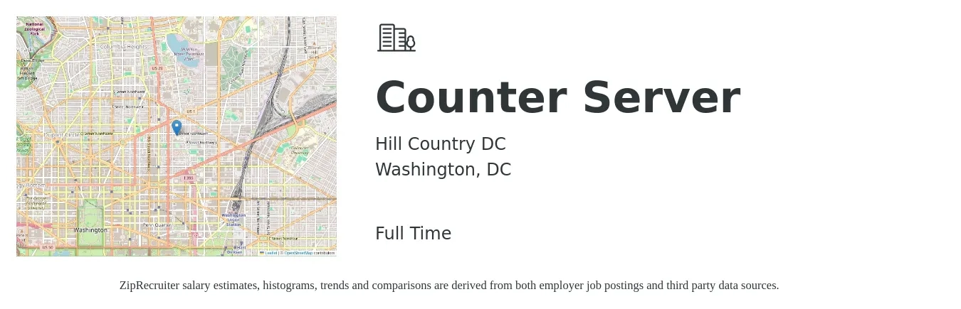 Hill Country DC job posting for a Counter Server in Washington, DC with a salary of $16 to $19 Hourly with a map of Washington location.