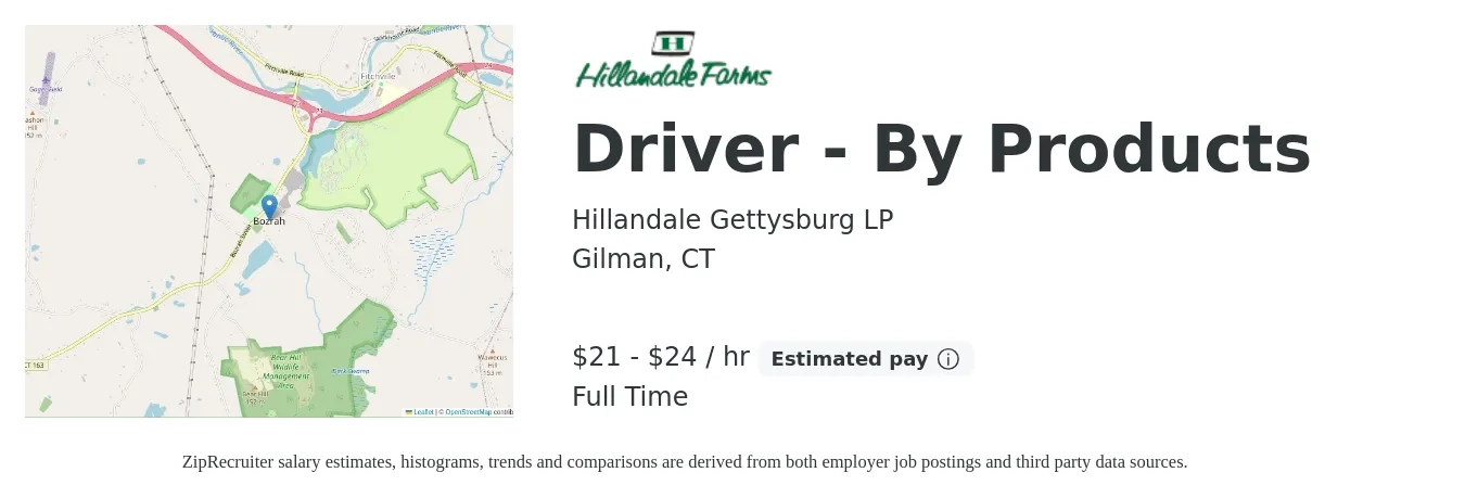Hillandale Gettysburg LP job posting for a Driver - By Products in Gilman, CT with a salary of $22 to $25 Hourly with a map of Gilman location.