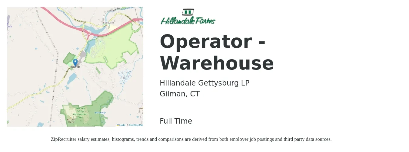 Hillandale Gettysburg LP job posting for a Operator - Warehouse in Gilman, CT with a salary of $17 to $20 Hourly with a map of Gilman location.