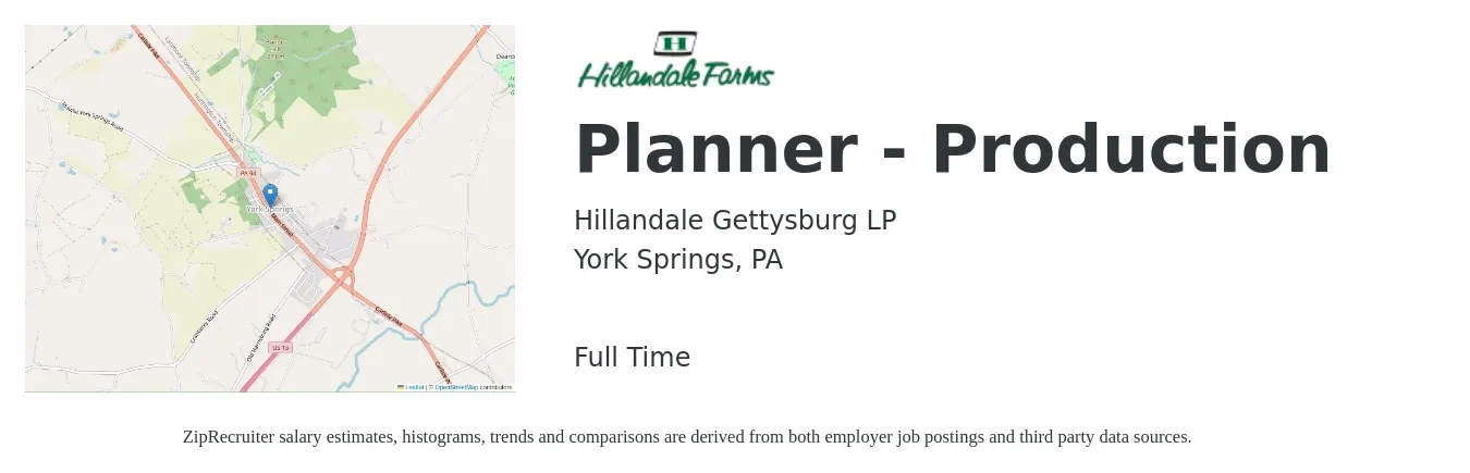 Hillandale Gettysburg LP job posting for a Planner - Production in York Springs, PA with a salary of $24 to $33 Hourly with a map of York Springs location.
