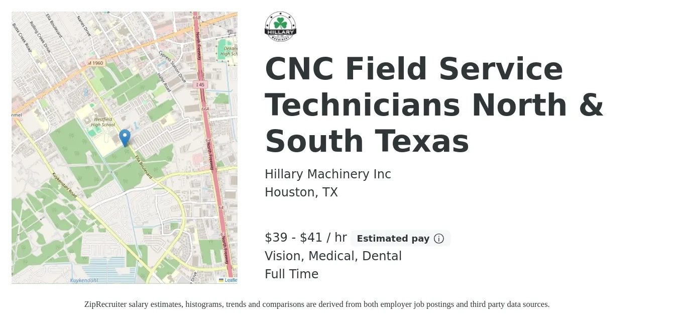 Hillary Machinery Inc job posting for a CNC Field Service Technicians North & South Texas in Houston, TX with a salary of $41 to $43 Hourly and benefits including dental, medical, retirement, and vision with a map of Houston location.
