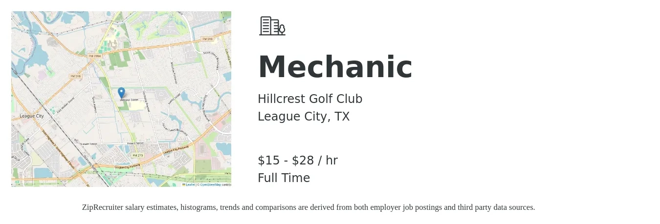 Hillcrest Golf Club job posting for a Mechanic in League City, TX with a salary of $16 to $30 Hourly with a map of League City location.