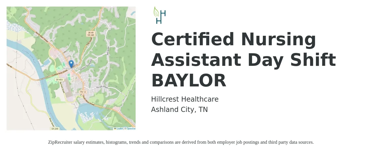 Hillcrest Healthcare job posting for a Certified Nursing Assistant Day Shift BAYLOR in Ashland City, TN with a salary of $17 to $24 Hourly with a map of Ashland City location.
