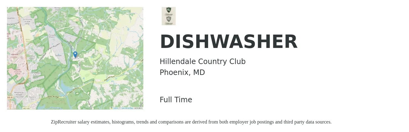 Hillendale Country Club job posting for a DISHWASHER in Phoenix, MD with a salary of $12 to $16 Hourly with a map of Phoenix location.