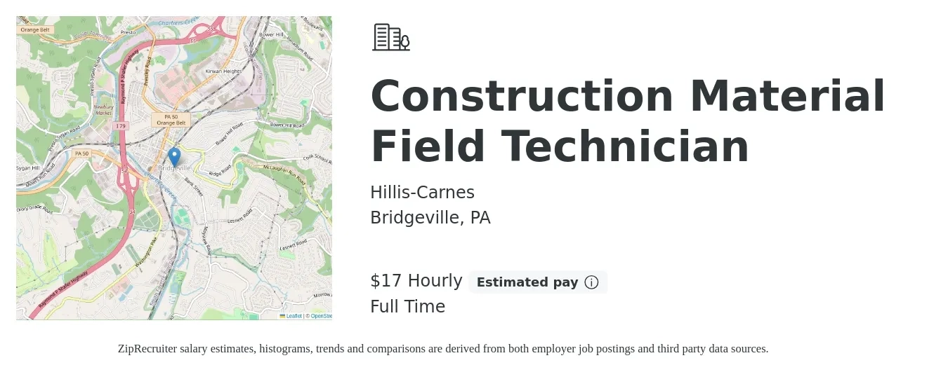 Hillis-Carnes job posting for a Construction Material Field Technician in Bridgeville, PA with a salary of $18 Hourly with a map of Bridgeville location.
