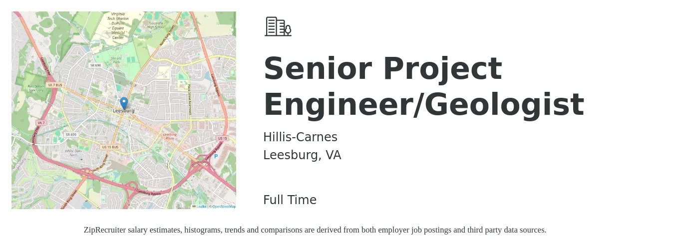 Hillis-Carnes job posting for a Senior Project Engineer/Geologist in Leesburg, VA with a salary of $100,100 to $130,500 Yearly with a map of Leesburg location.