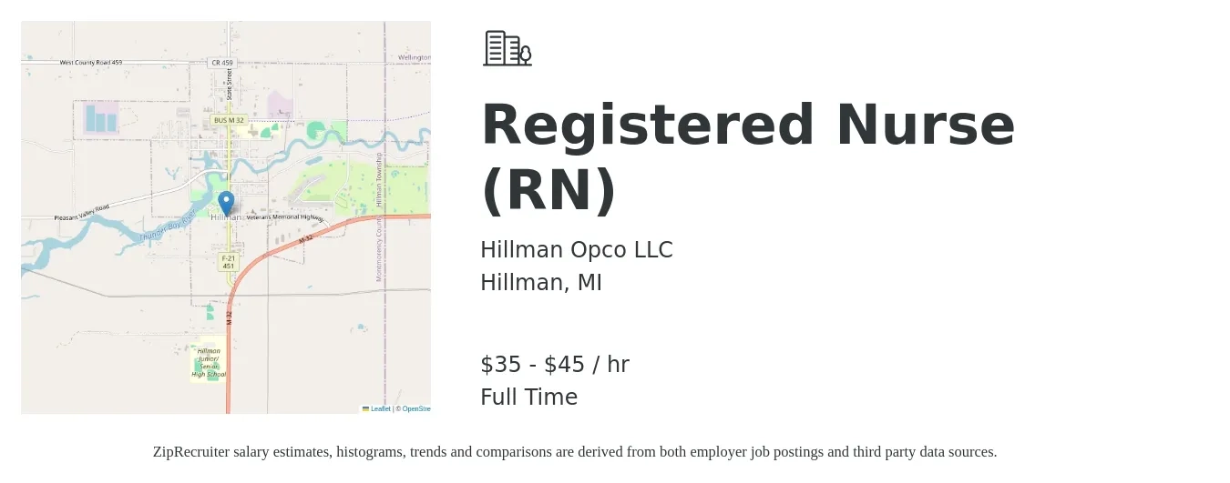 Hillman Opco LLC job posting for a Registered Nurse (RN) in Hillman, MI with a salary of $37 to $47 Hourly with a map of Hillman location.