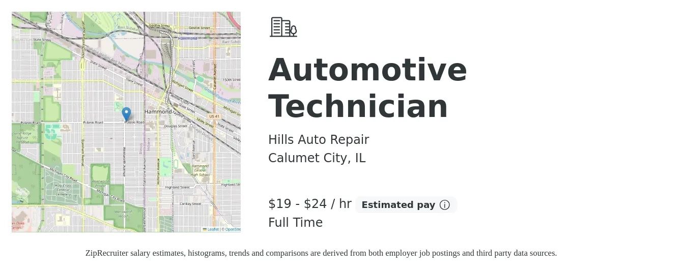 Hills Auto Repair job posting for a Automotive Technician in Calumet City, IL with a salary of $20 to $25 Hourly with a map of Calumet City location.