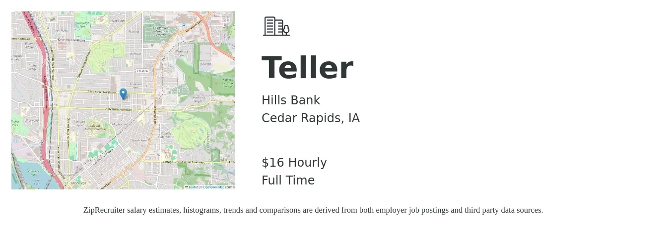 Hills Bank job posting for a Teller in Cedar Rapids, IA with a salary of $17 Hourly with a map of Cedar Rapids location.