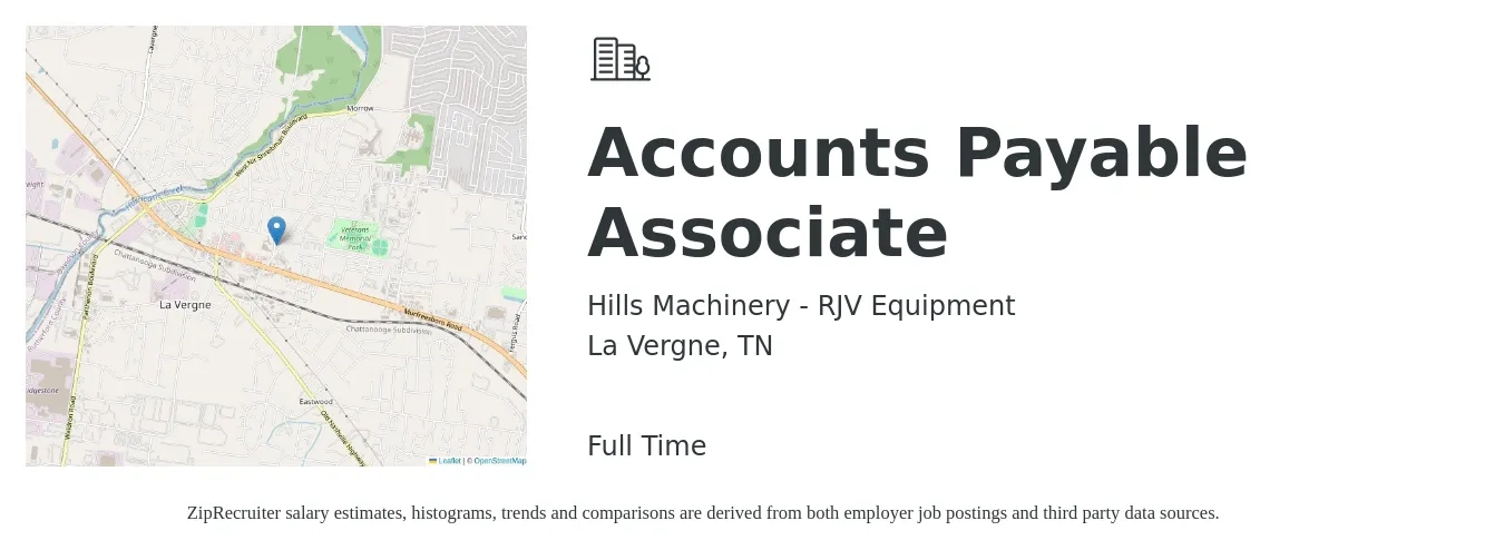 Hills Machinery - RJV Equipment job posting for a Accounts Payable Associate in La Vergne, TN with a salary of $19 to $24 Hourly with a map of La Vergne location.