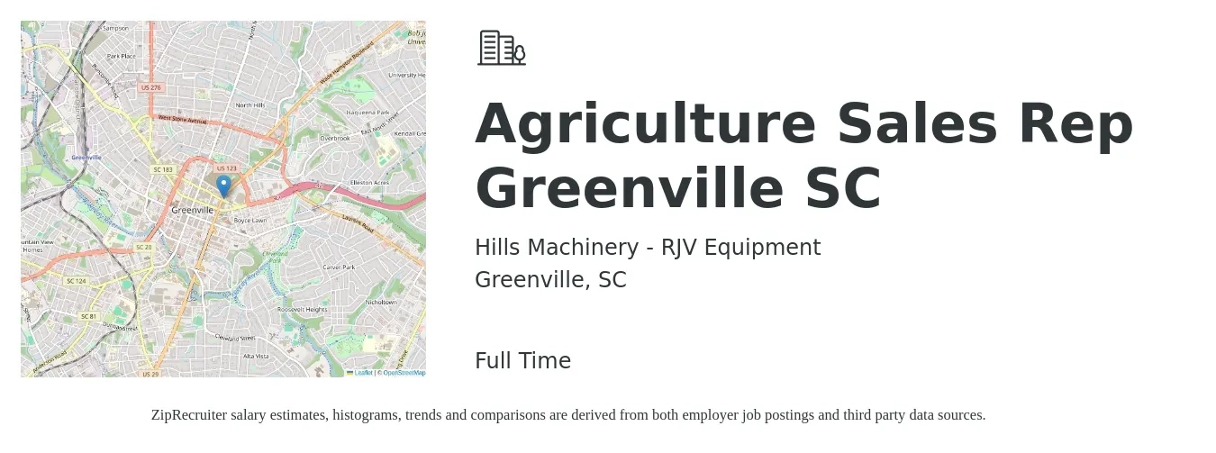 Hills Machinery - RJV Equipment job posting for a Agriculture Sales Rep Greenville SC in Greenville, SC with a salary of $41,000 to $56,600 Yearly with a map of Greenville location.