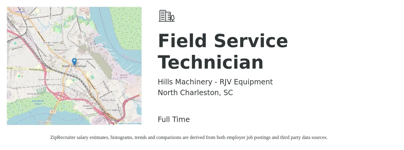 Hills Machinery - RJV Equipment job posting for a Field Service Technician in North Charleston, SC with a salary of $19 to $28 Hourly with a map of North Charleston location.