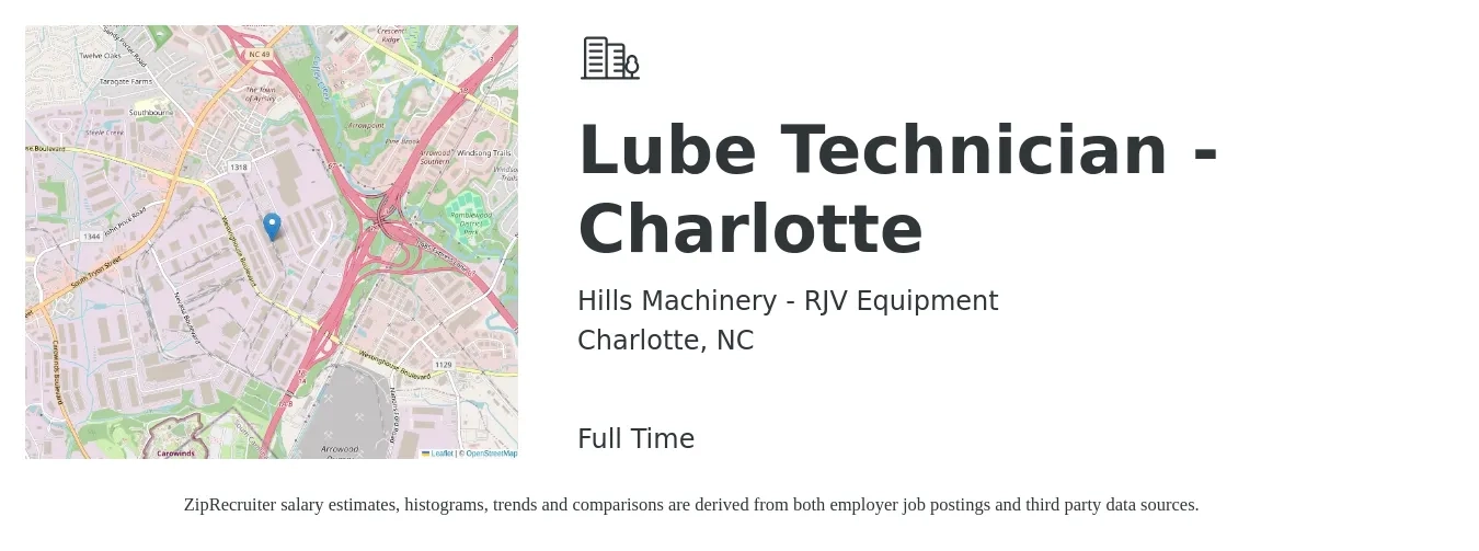 Hills Machinery - RJV Equipment job posting for a Lube Technician - Charlotte in Charlotte, NC with a salary of $13 to $18 Hourly with a map of Charlotte location.