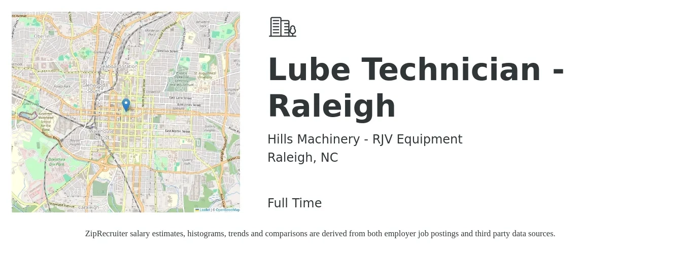 Hills Machinery - RJV Equipment job posting for a Lube Technician - Raleigh in Raleigh, NC with a salary of $14 to $19 Hourly with a map of Raleigh location.