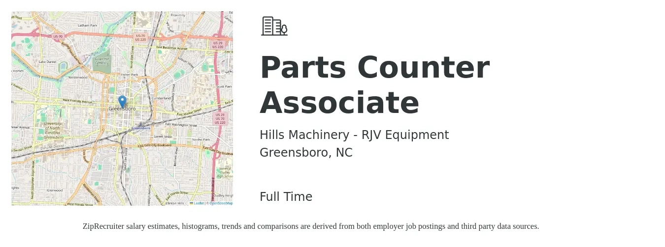 Hills Machinery - RJV Equipment job posting for a Parts Counter Associate in Greensboro, NC with a salary of $16 to $20 Hourly with a map of Greensboro location.