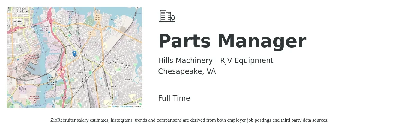 Hills Machinery - RJV Equipment job posting for a Parts Manager in Chesapeake, VA with a salary of $43,600 to $62,800 Yearly with a map of Chesapeake location.