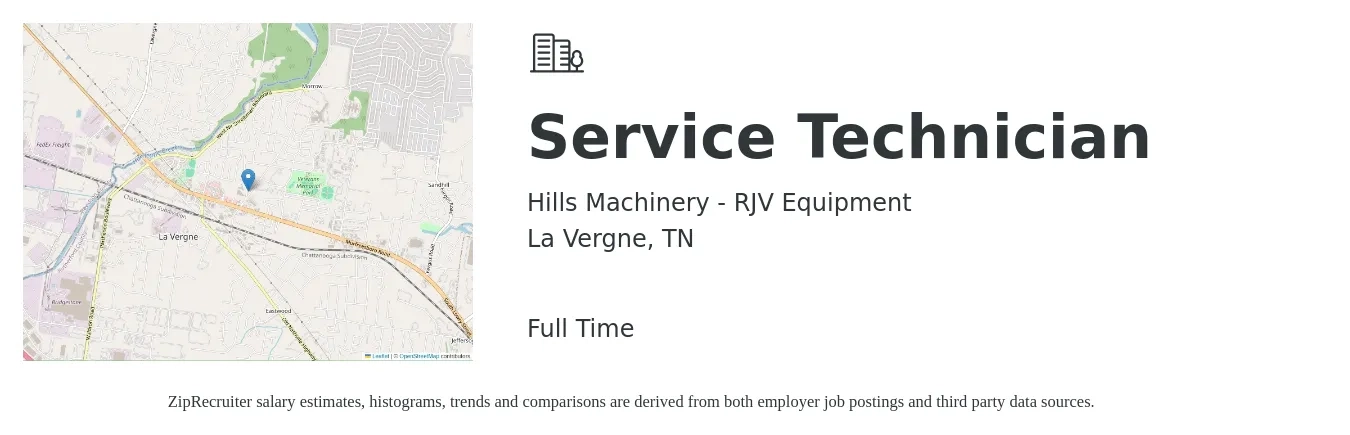 Hills Machinery - RJV Equipment job posting for a Service Technician in La Vergne, TN with a salary of $24 to $36 Hourly with a map of La Vergne location.