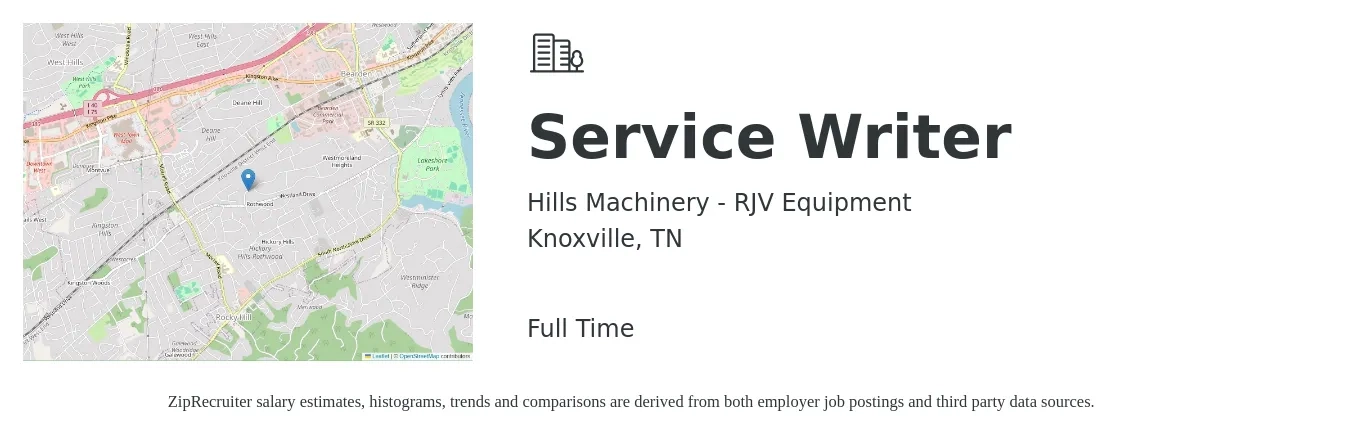 Hills Machinery - RJV Equipment job posting for a Service Writer in Knoxville, TN with a salary of $18 to $24 Hourly with a map of Knoxville location.