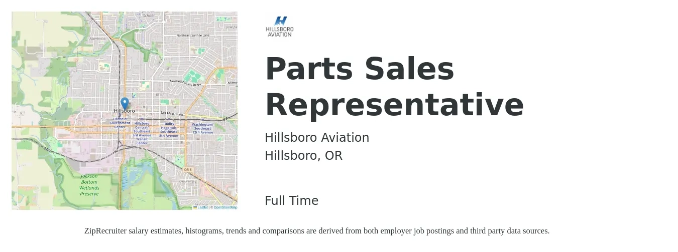 Hillsboro Aviation job posting for a Parts Sales Representative in Hillsboro, OR with a salary of $41,400 to $74,600 Yearly with a map of Hillsboro location.